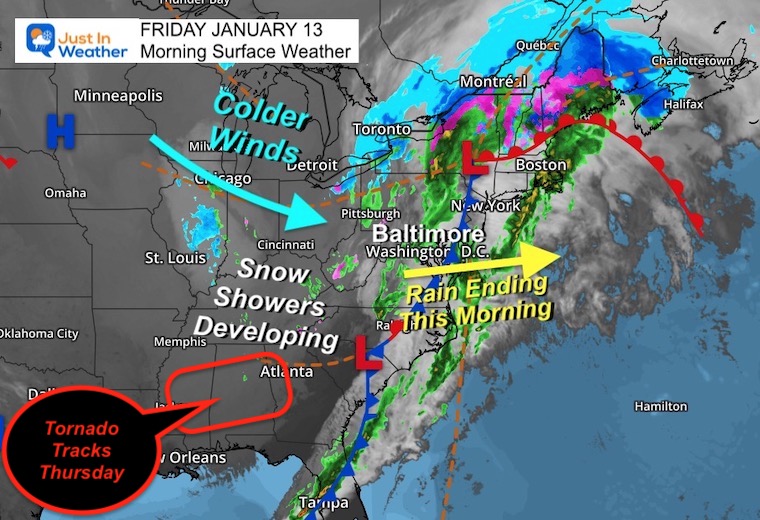 January 13 weather storm map Friday morning 