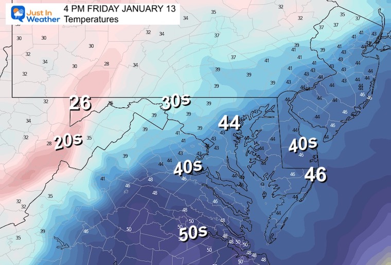 January 13 weather temperatures Friday afternoon