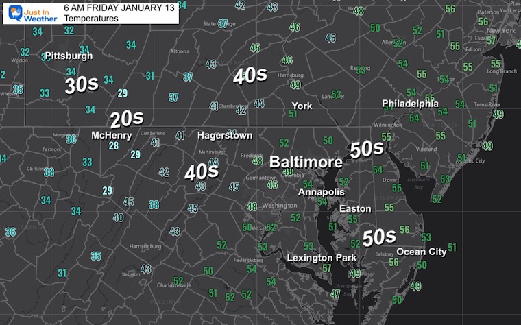 January 13 weather temperatures Friday morning