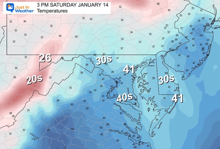 January 13 weather temperatures Saturday afternoon