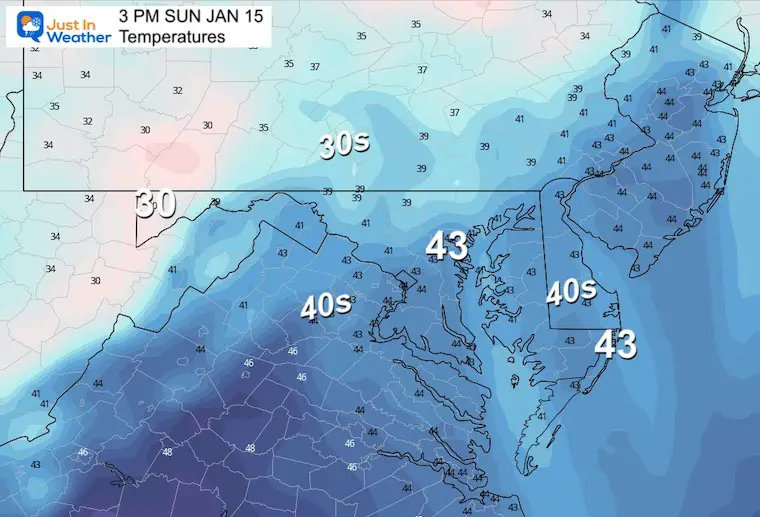 January 14 weather temperatures Sunday afternoon