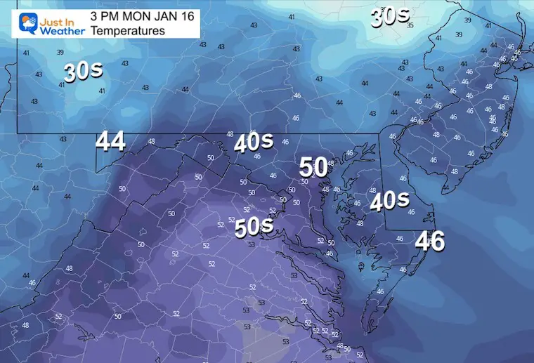 January 15 weather temperatures Monday afternoon