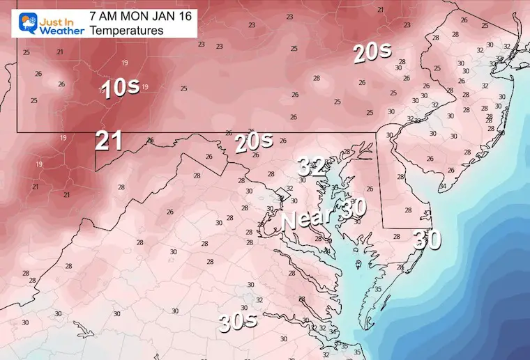 January 15 weather temperatures Monday morning