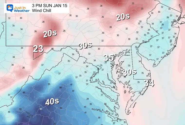 January 15 weather temperatures Sunday afternoon wind chill