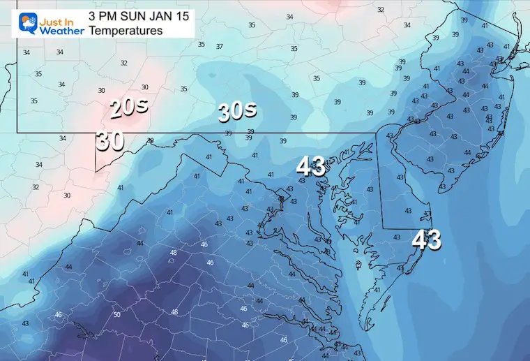January 15 weather temperatures Sunday afternoon