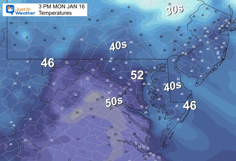 January 16 weather MLK Monday afternoon temperatures