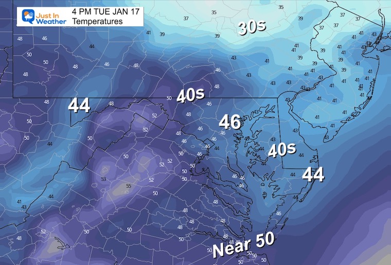 January 17 weather temperatures Tuesday afternoon