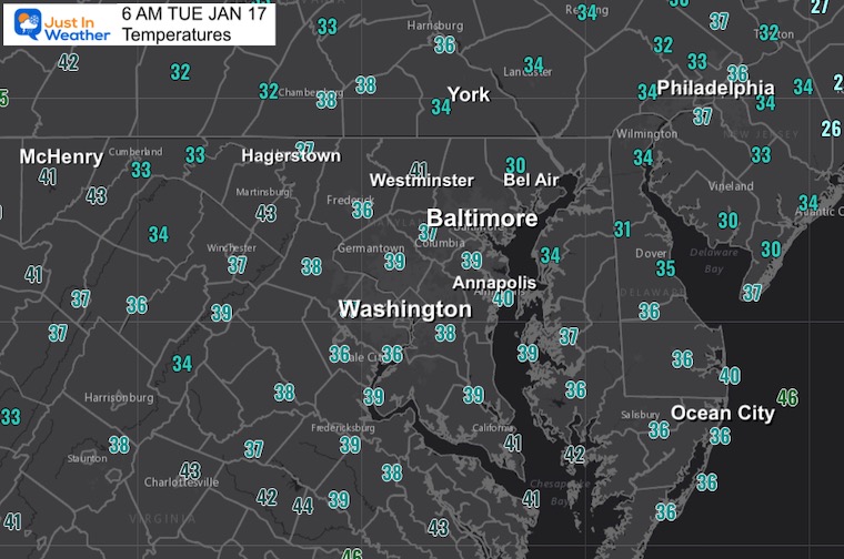 January 17 weather temperatures Tuesday morning