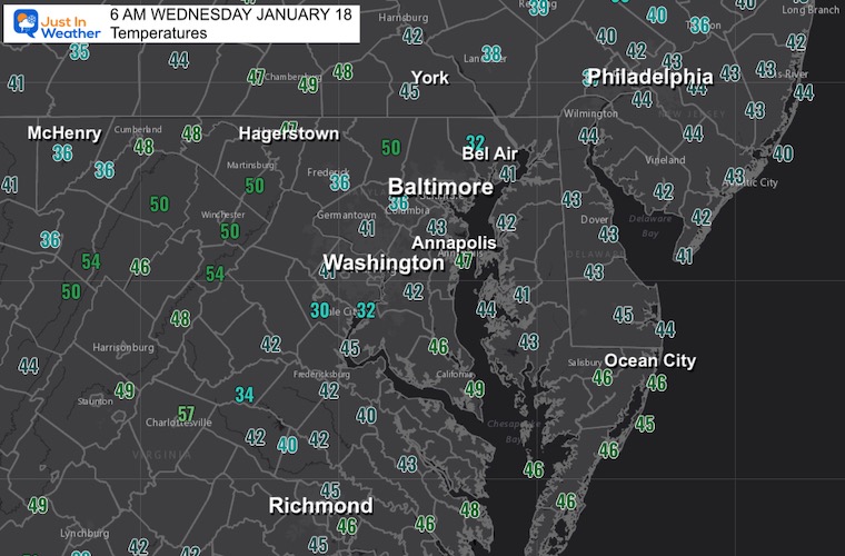 January 18 weather temperatures Wednesday morning