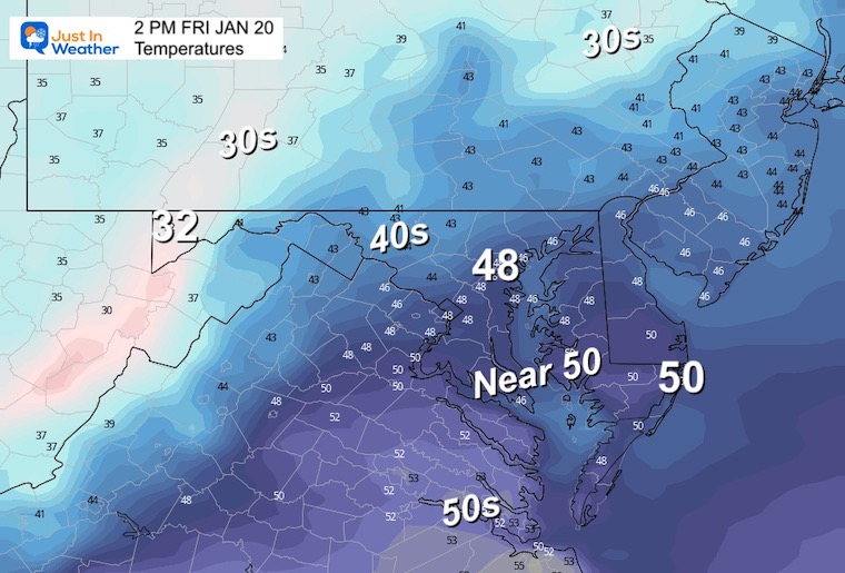 January 19 weather temperatures Friday afternoon