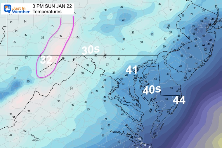 January 21 weather temperatures Sunday afternoon