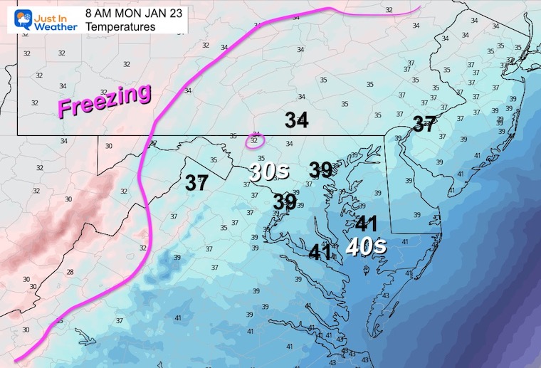January 22 weather temperatures Monday morning