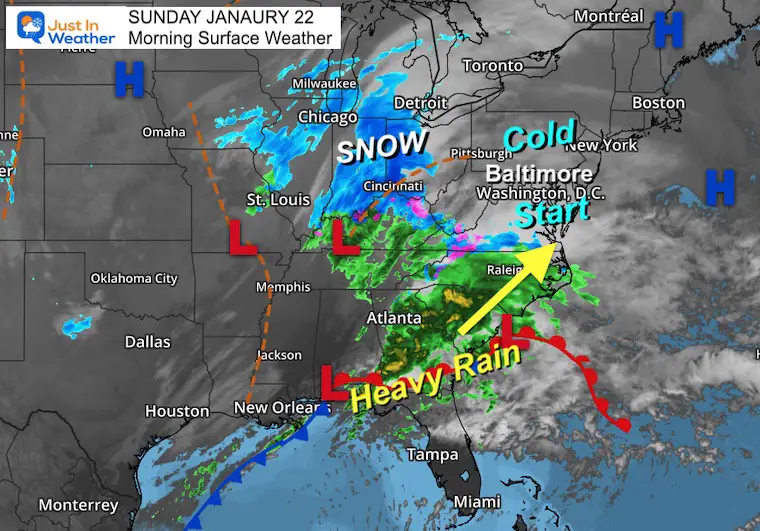 January 22 weather snow storm rain Sunday morning