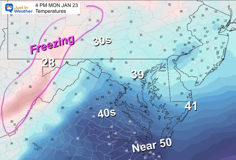 January 22 weather temperatures Monday afternoon