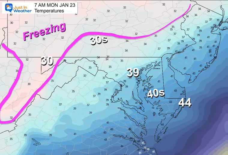 January 22 weather temperatures Monday morning