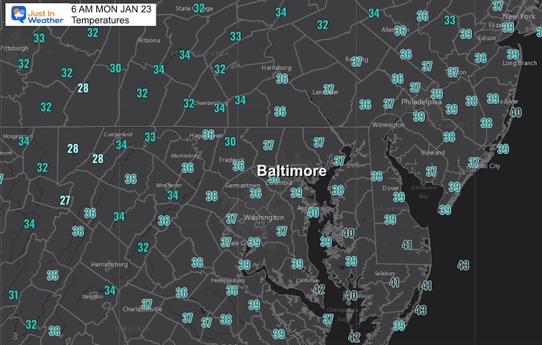 January 23 weather temperatures Monday morning
