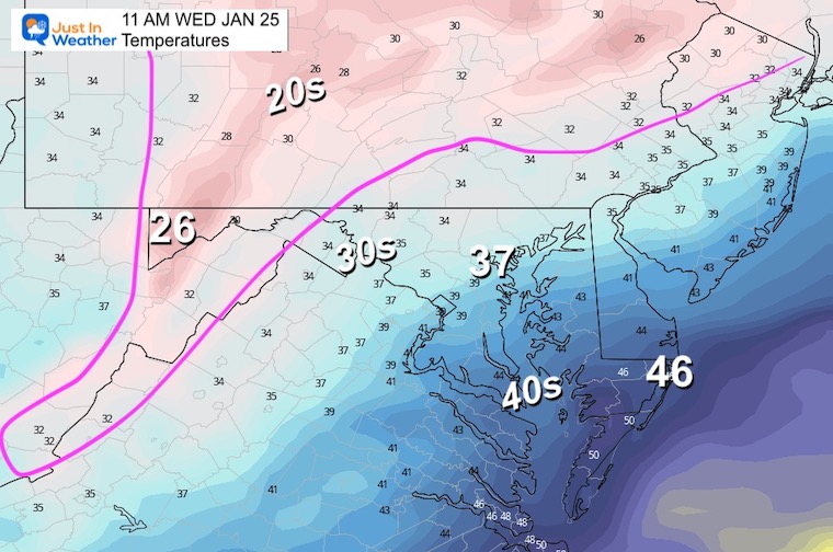 January 23 weather temperatures Wednesday mid day