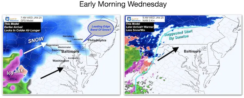 January 24 weather snow rain models morning late