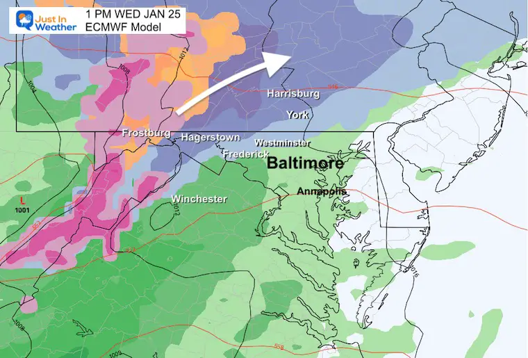 January 25 snow Wednesday 1 PM ECMWF