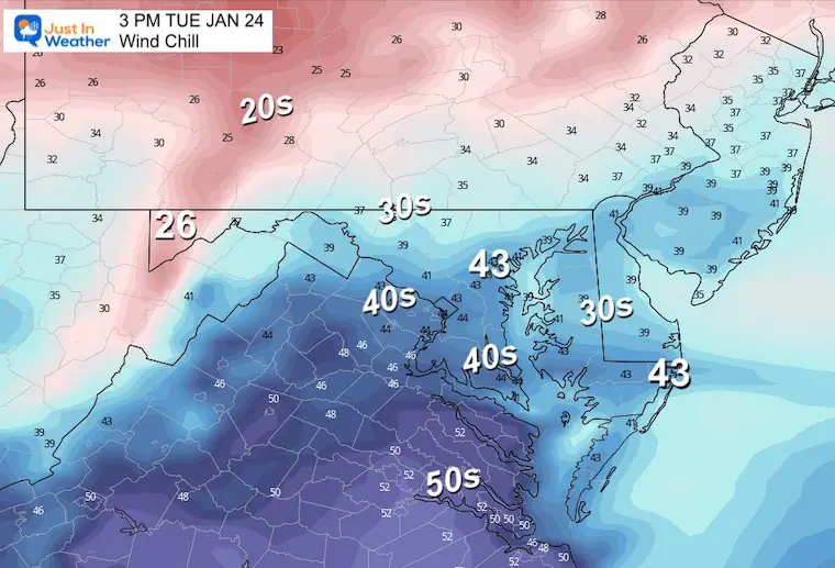 January 24 weather temperatures Tuesday afternoon wind chill