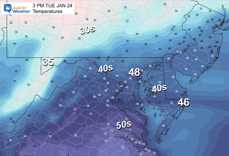 January 24 weather temperatures Tuesday afternon