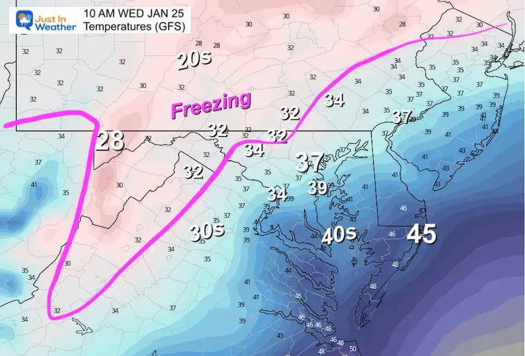 January 25 weather temperatures Wednesday morning 10 AM GFS