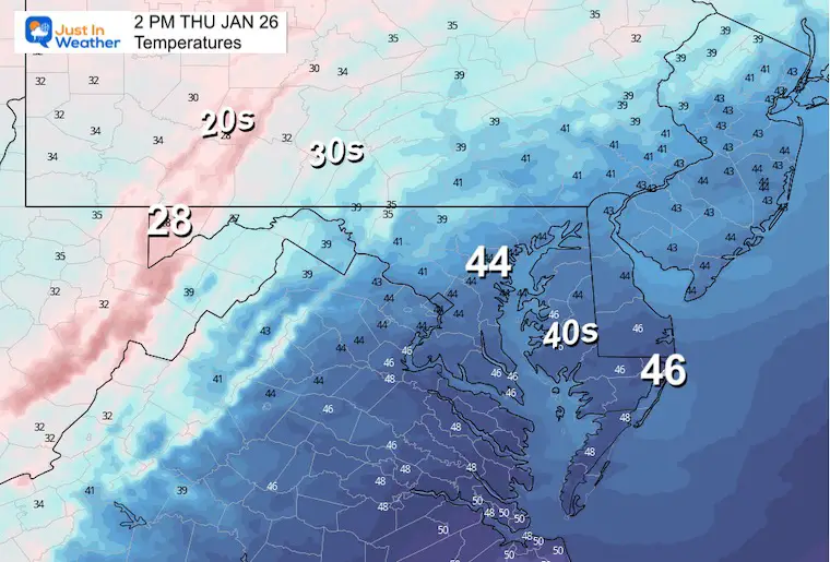 January 25 weather temperatures Thursday afternoon