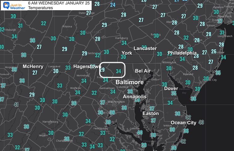 January 25 weather temperatures Wednesday morning