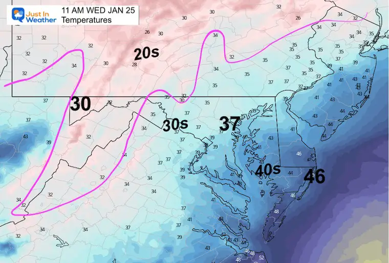 January 25 weather temperatures Wednesday 11 AM