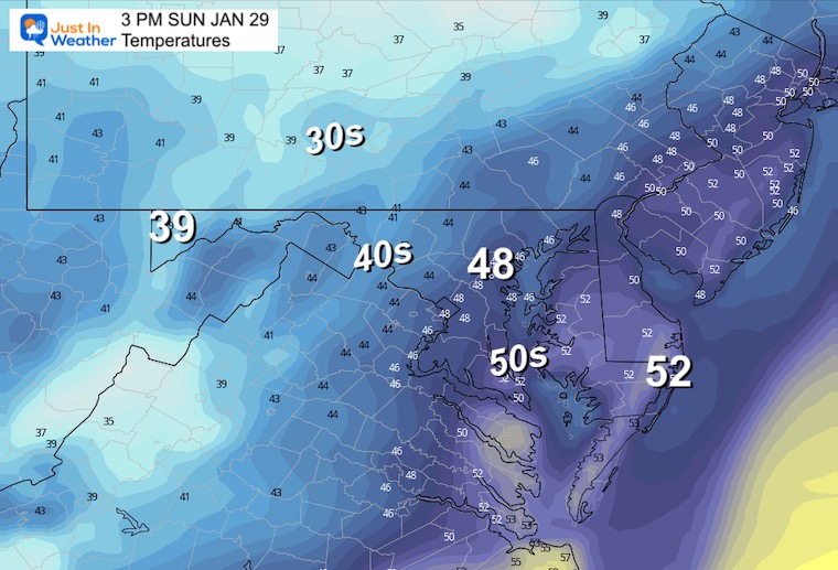 January 28 weather temperatures Sunday afternoon