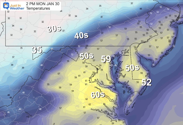 January 29 weather temperatures Monday afternoon