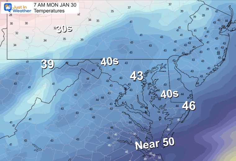 January 29 weather temperatures Monday morning
