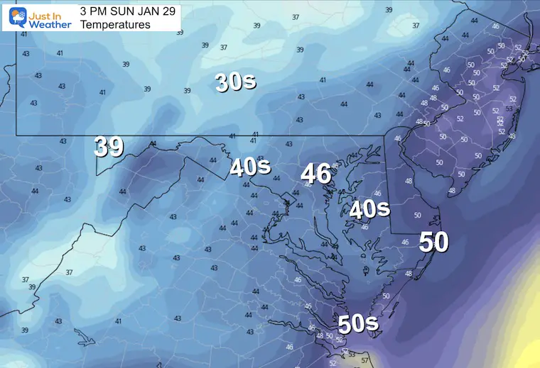 January 29 weather temperatures Sunday 3 PM