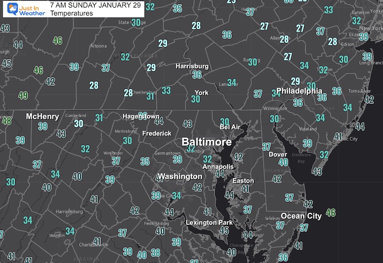 January 29 weather temperatures Sunday morning