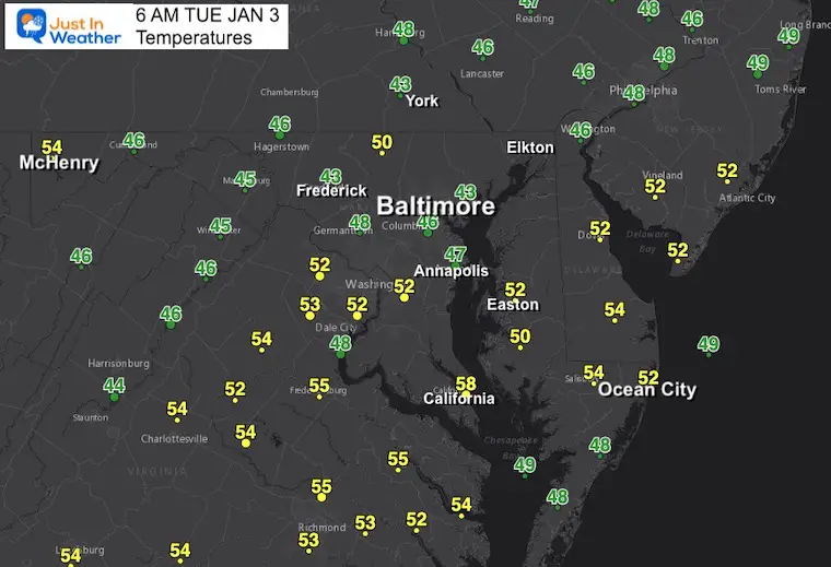 January 3 weather temperatures Tuesday morning