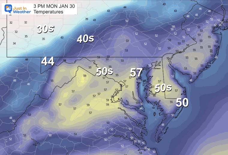 January 30 temperatures Monday afternoon