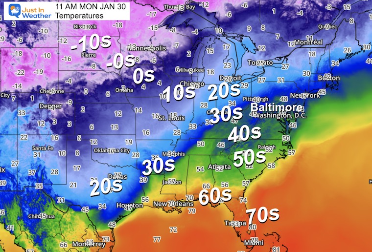 January 30 weather temperatures Monday Noon