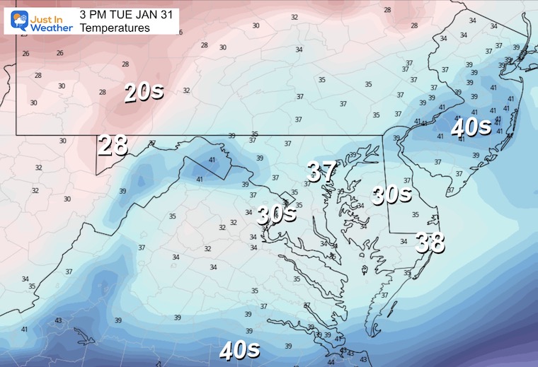 January 30 temperatures Tuesday afternoon