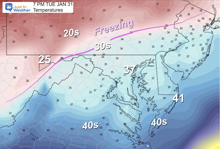 January 30 weather temperatures Tuesday evening