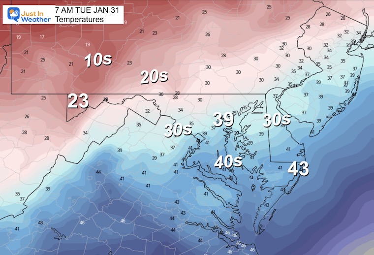 January 30 temperatures Tuesday morning