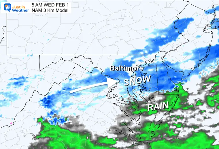 January 31 weather radar snow Wednesday NAM 5 AM