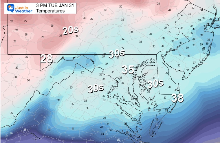 January 31 weather temperatures Tuesday afternoon