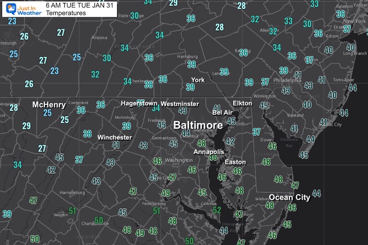 january 31 weather temperatures Tuesday morning