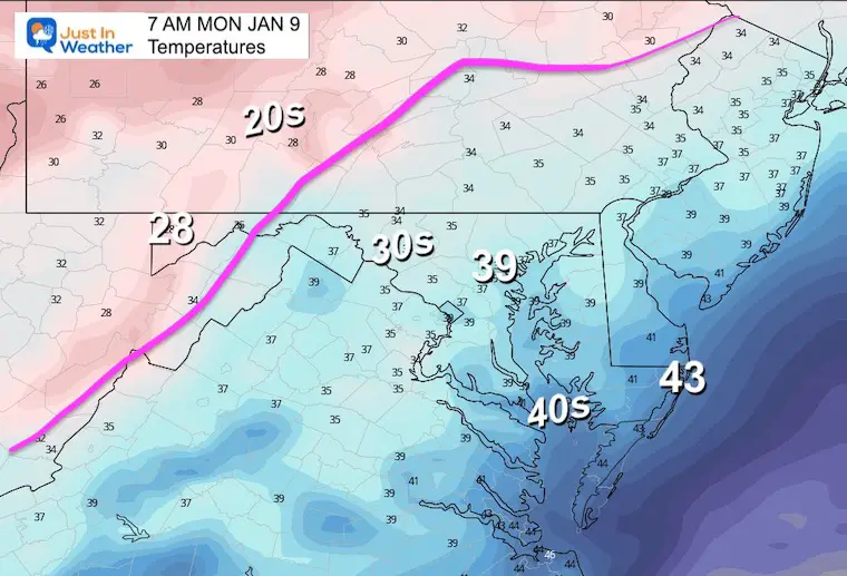 January 7 weather temperatures Monday morning