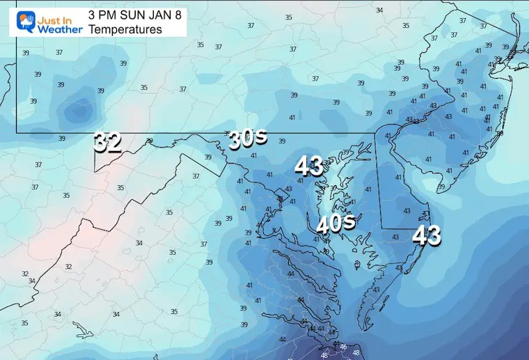 January 7 weather temperatures Sunday afternoon