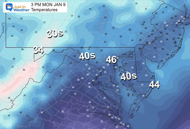 January 8 weather forecast temperatures Monday afternoon