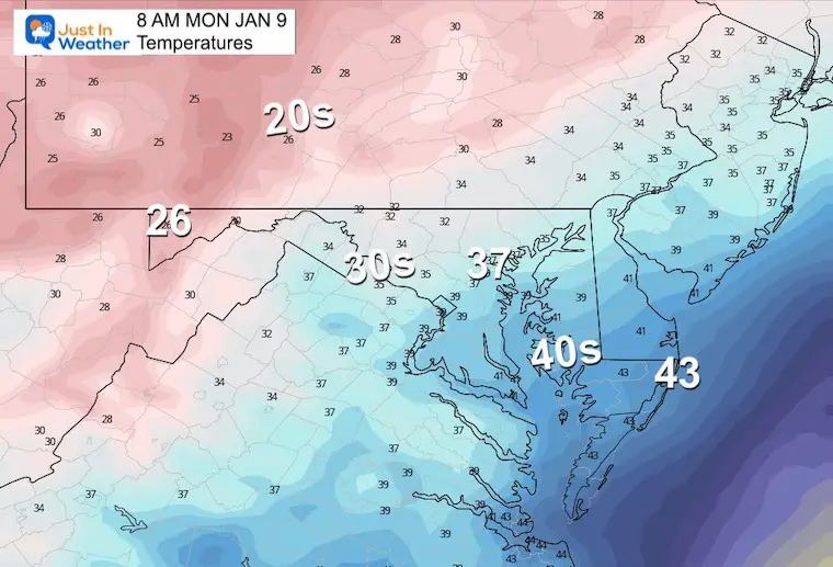 January 8 weather forecast temperatures Monday morning