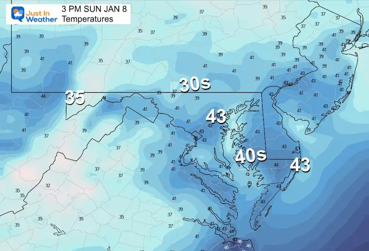 January 8 weather forecast temperatures Sunday afternoon