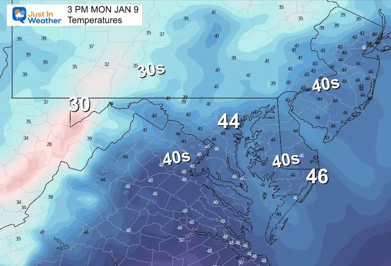 January 9 weather temperatures Monday afternoon