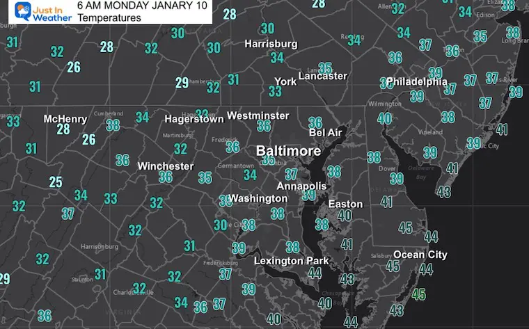 January 9 weather temperatures Monday morning